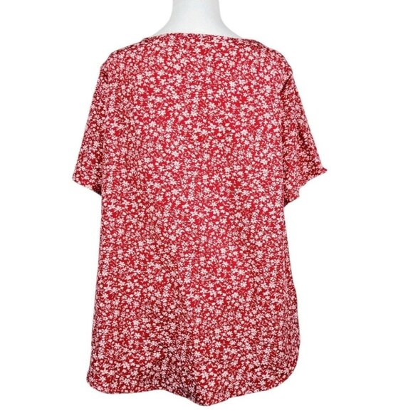 Womens Vibrant Red Floral Print Blouse Plus 1X 2X Short Sleeve Gathered Neckline - Picture 5 of 11